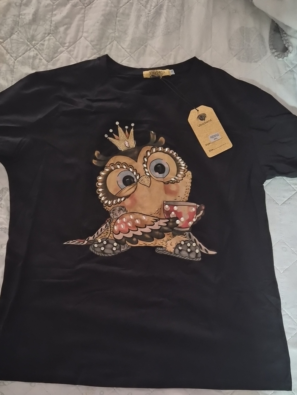 Black Kids Owl Graphic Tee with Crown and Teacup
